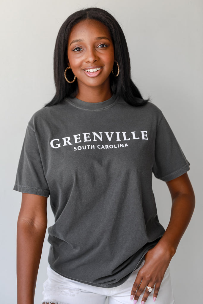 Charcoal Greenville South Carolina Block Letter Tee on model