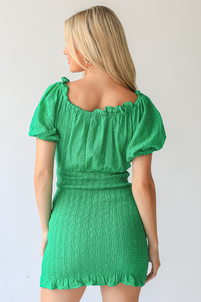kelly green Smocked Eyelet Mini Dress back view
