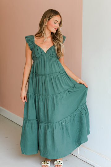 green Linen Tiered Maxi Dress