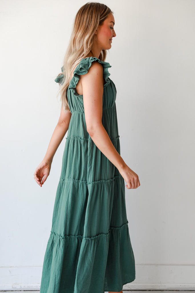 green Linen Tiered Maxi Dress side view