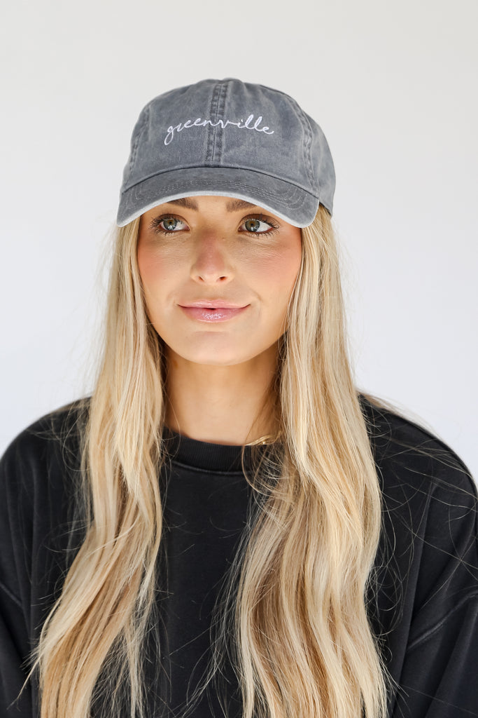 grey Greenville Script Embroidered Hat on model