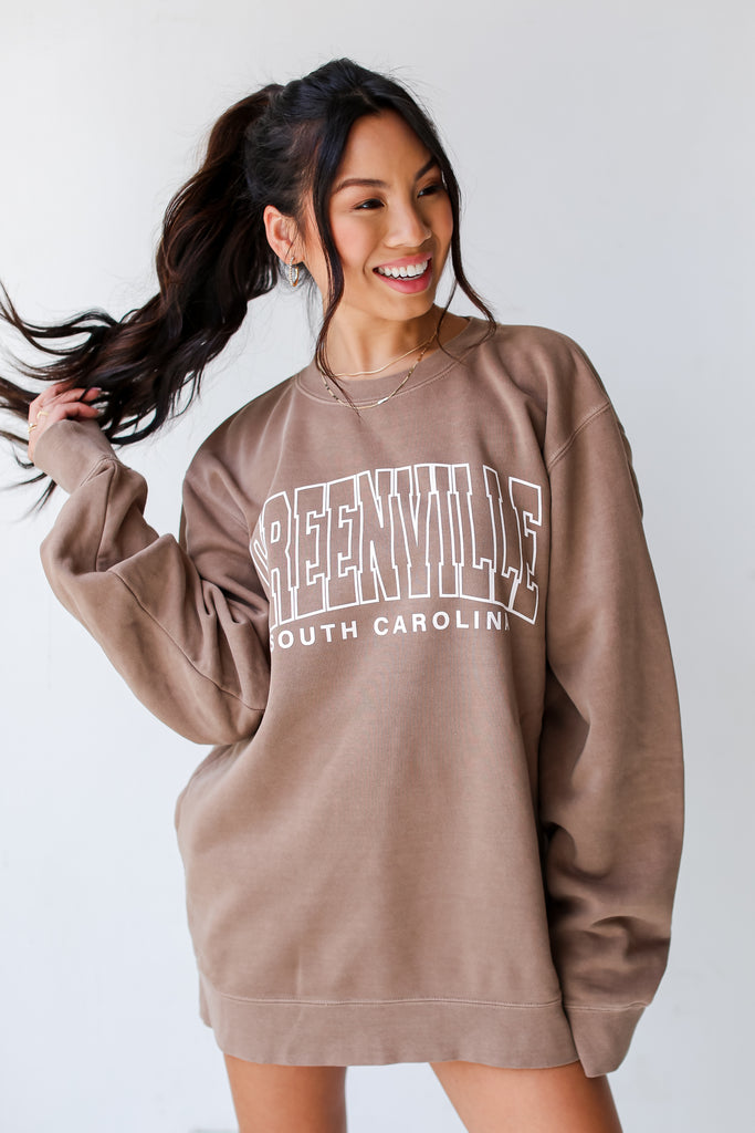 model wearing a Brown Greenville South Carolina Pullover