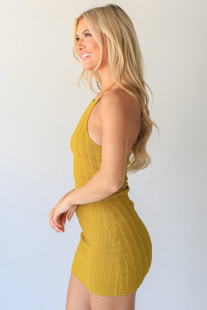 green Crochet Knit Halter Mini Dress side view