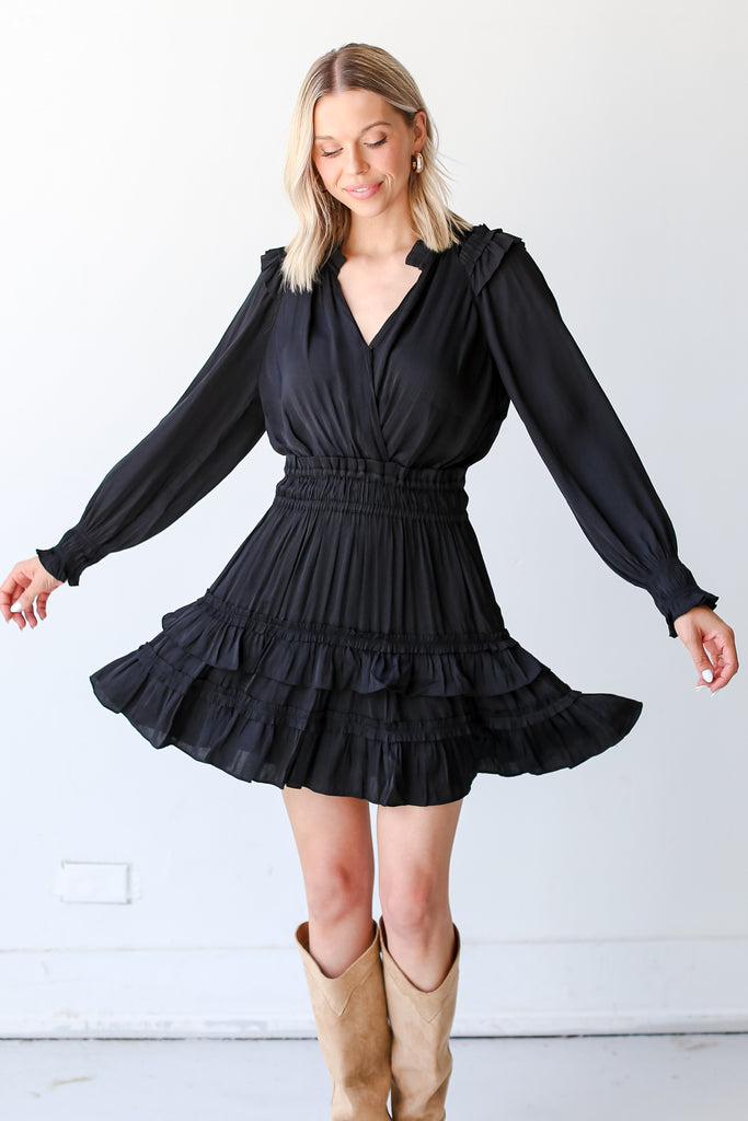 black satin Mini Dress on model