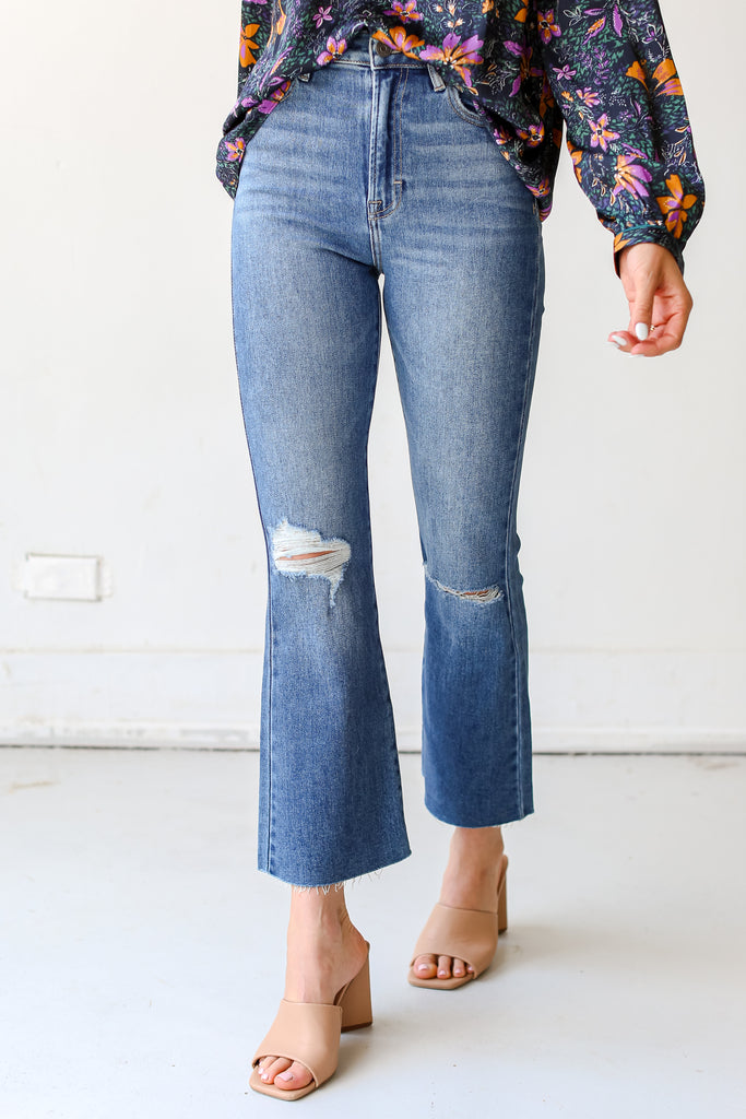 Distressed Crop Flare Jeans close up