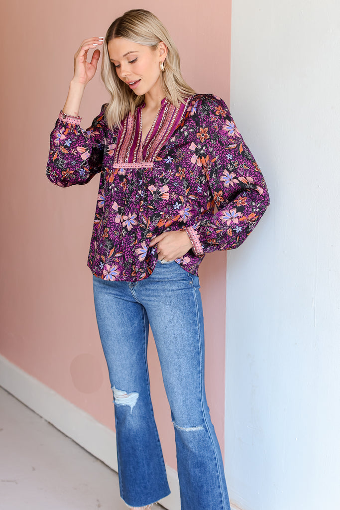 Satin Floral Blouse on model