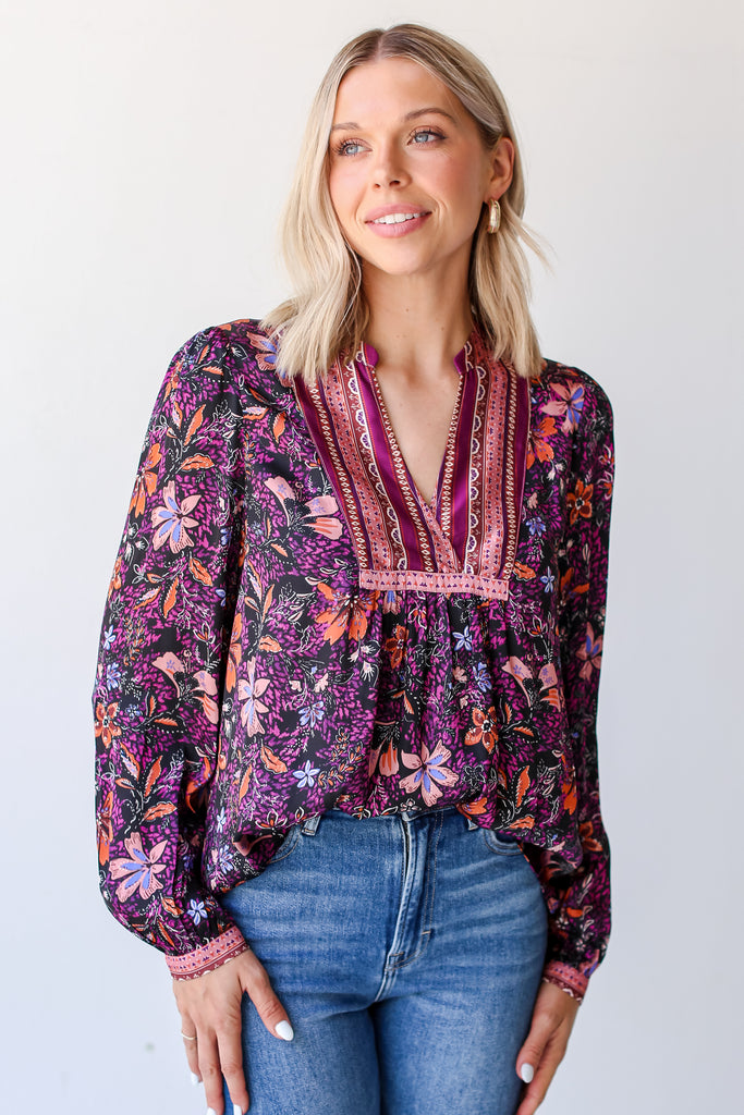 Satin Floral Blouse on hudson blake model