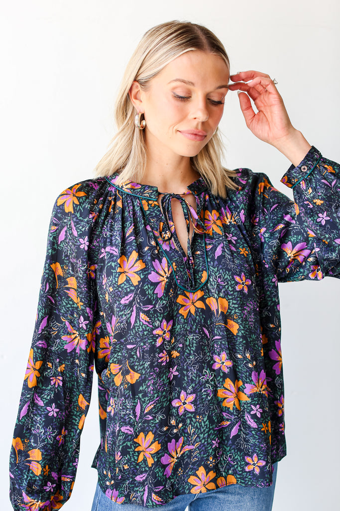 navy Satin Floral Blouse on hudson blake model