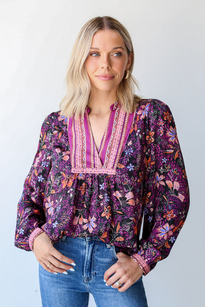Satin Floral Blouse tucked in