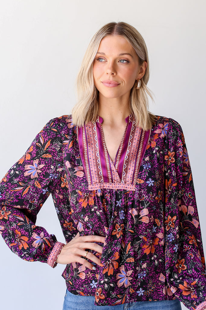 model wearing a Satin Floral Blouse