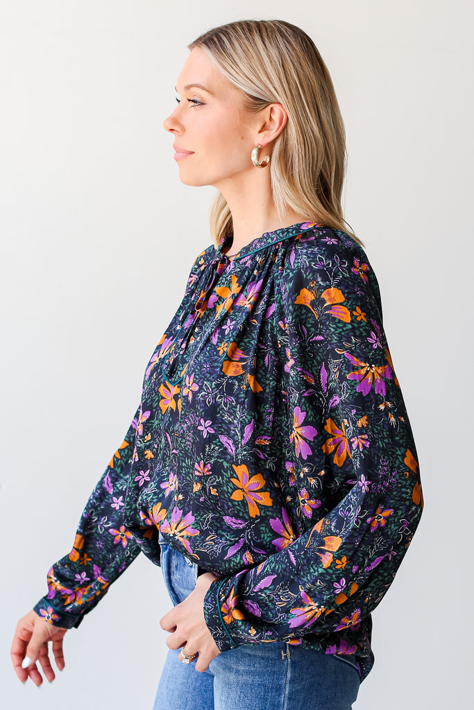 navy Satin Floral Blouse side view