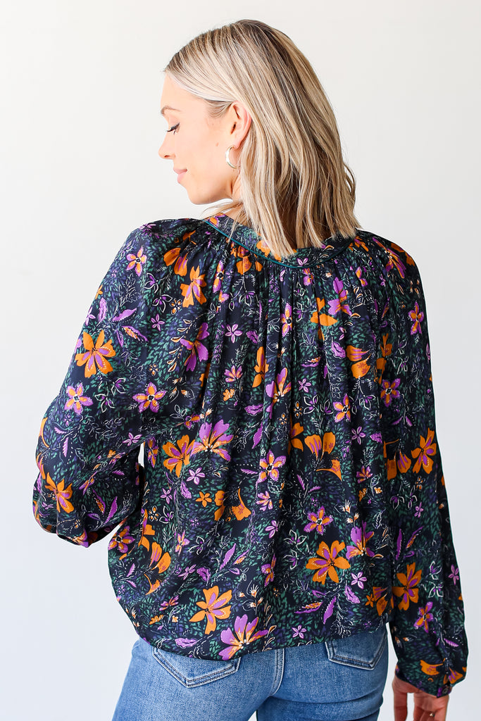 navy Satin Floral Blouse back view
