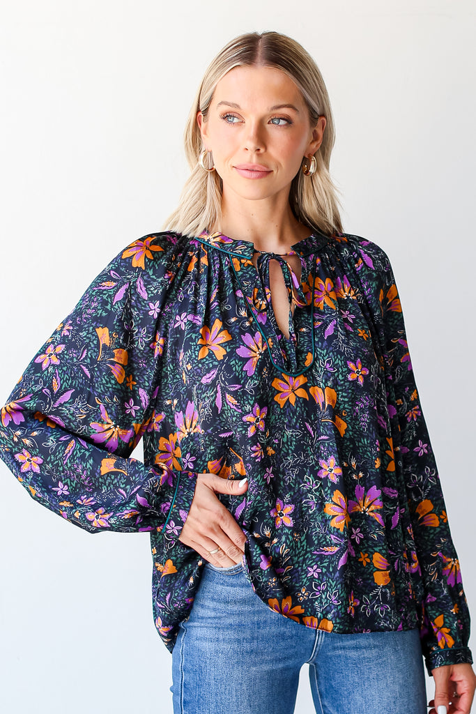 navy Satin Floral Blouse front view