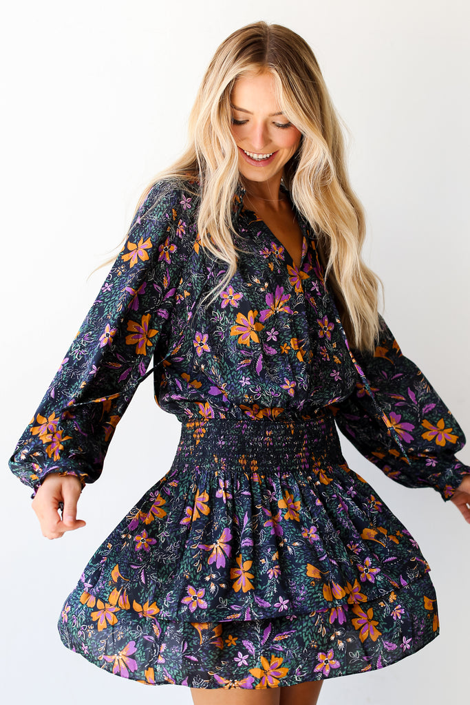 model wearing a Satin Floral Mini Dress