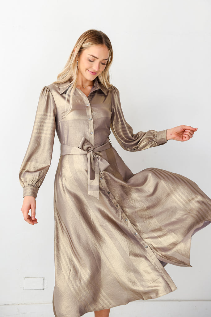 Gold Shimmer Midi Dress on hudson blake model