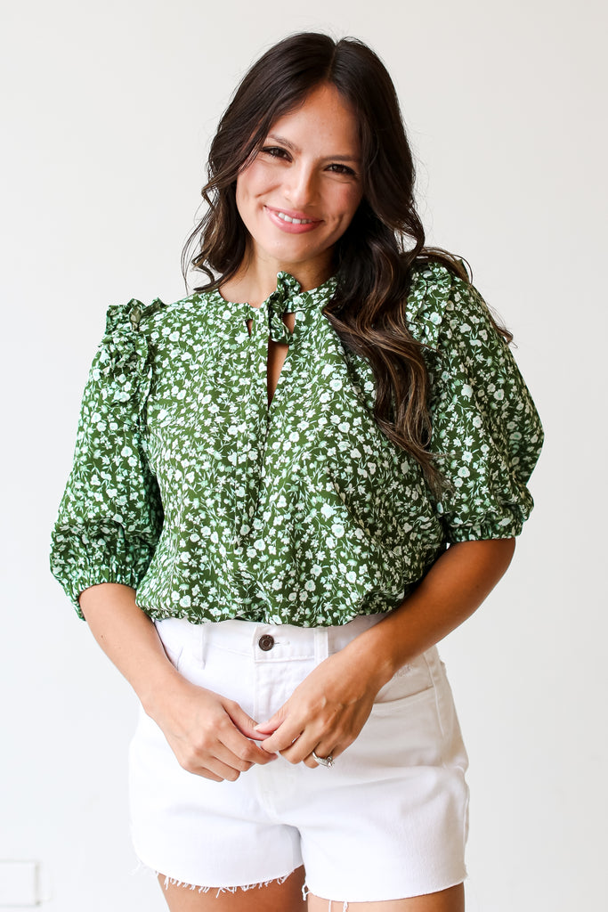 green Floral Blouse front view
