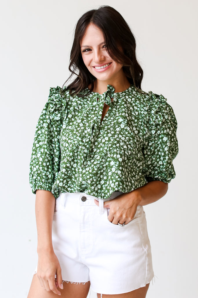 green Floral Blouse side view