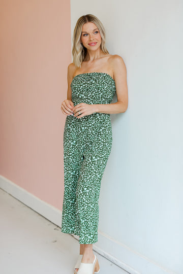 green Strapless Floral Jumpsuit