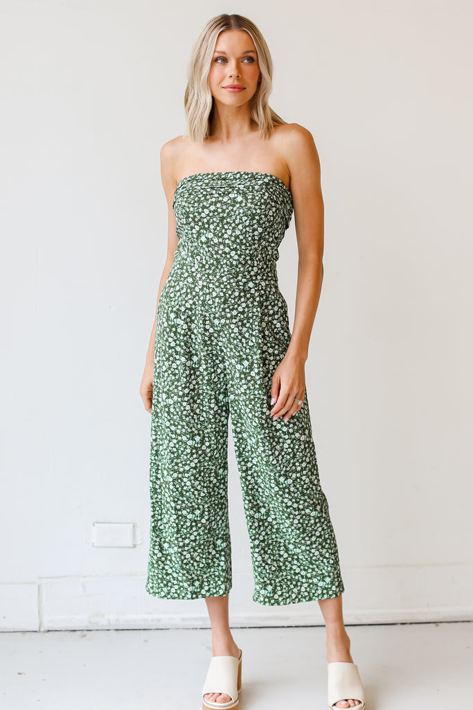 green Strapless Floral Jumpsuit front view