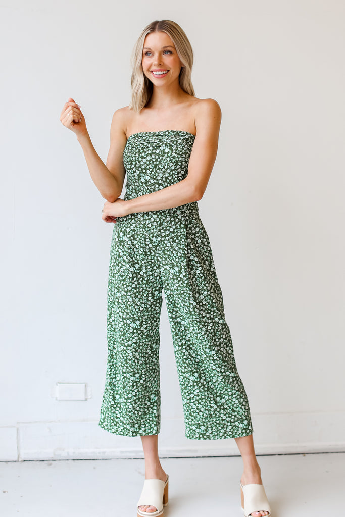 green Strapless Floral Jumpsuit on model