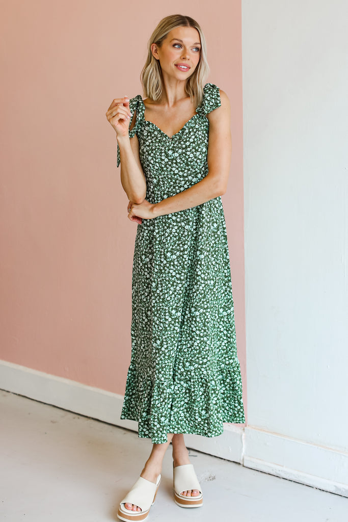 green Floral Midi Dress on model