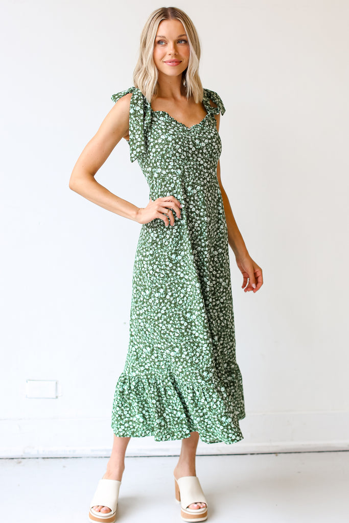 green Floral Midi Dress on model
