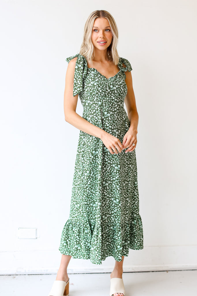 green Floral Midi Dress on hudson blake model