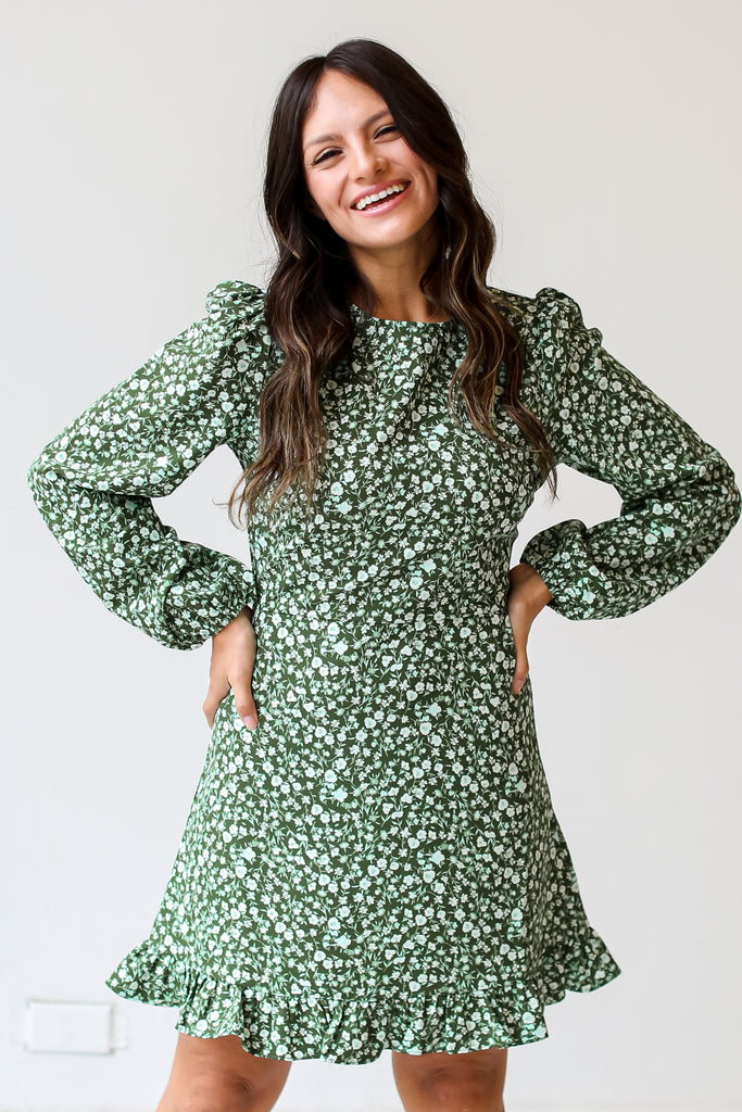 green Floral Mini Dress on model