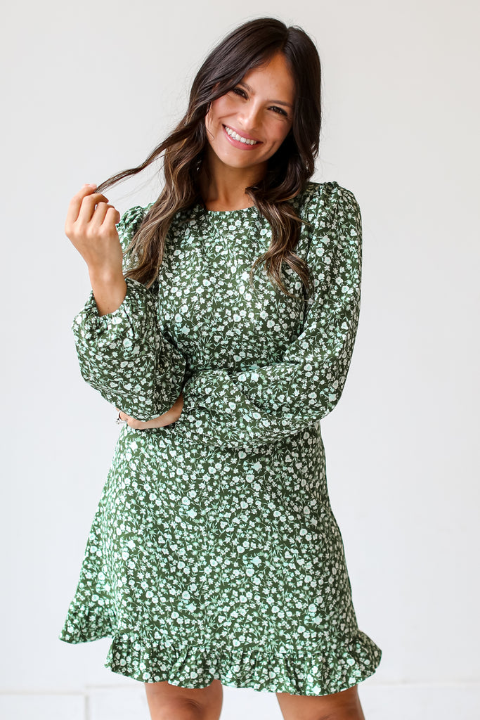 green Floral Mini Dress front view