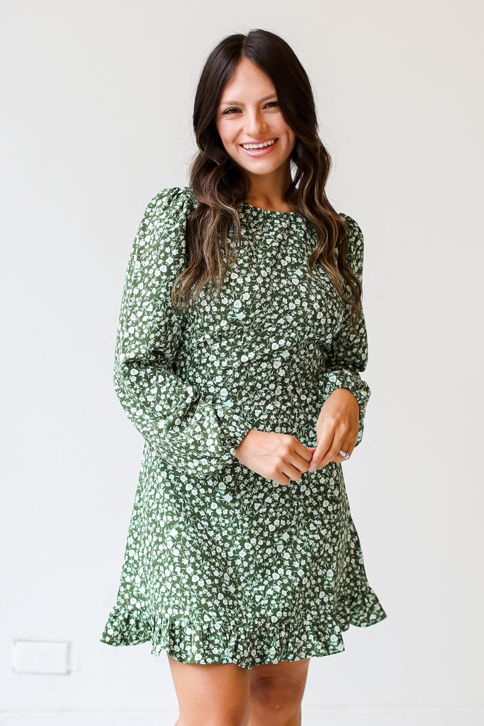 green Floral Mini Dress on hudson blake model