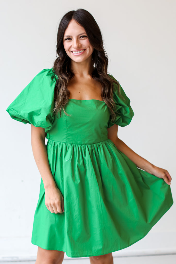 kelly green Babydoll Mini Dress on model