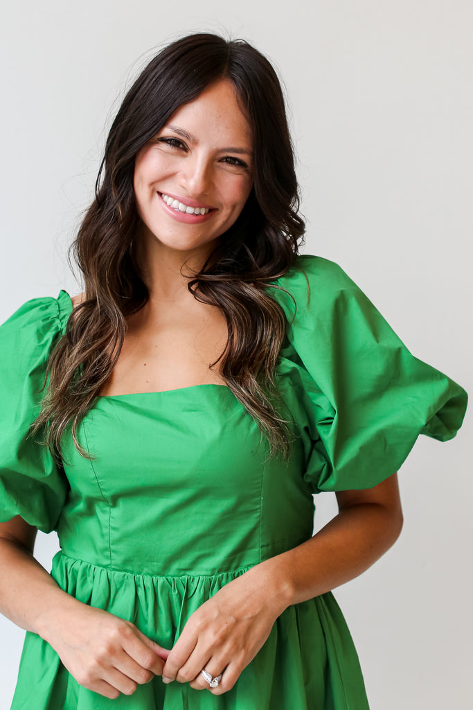 kelly green Babydoll Mini Dress close up