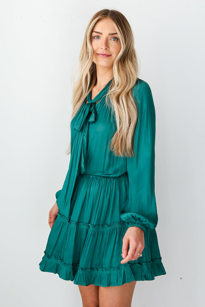 Hunter Green Satin Mini Dress front view