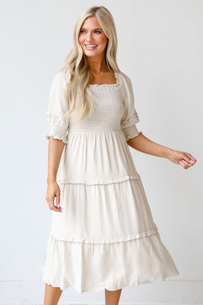 Linen Tiered Midi Dress on model