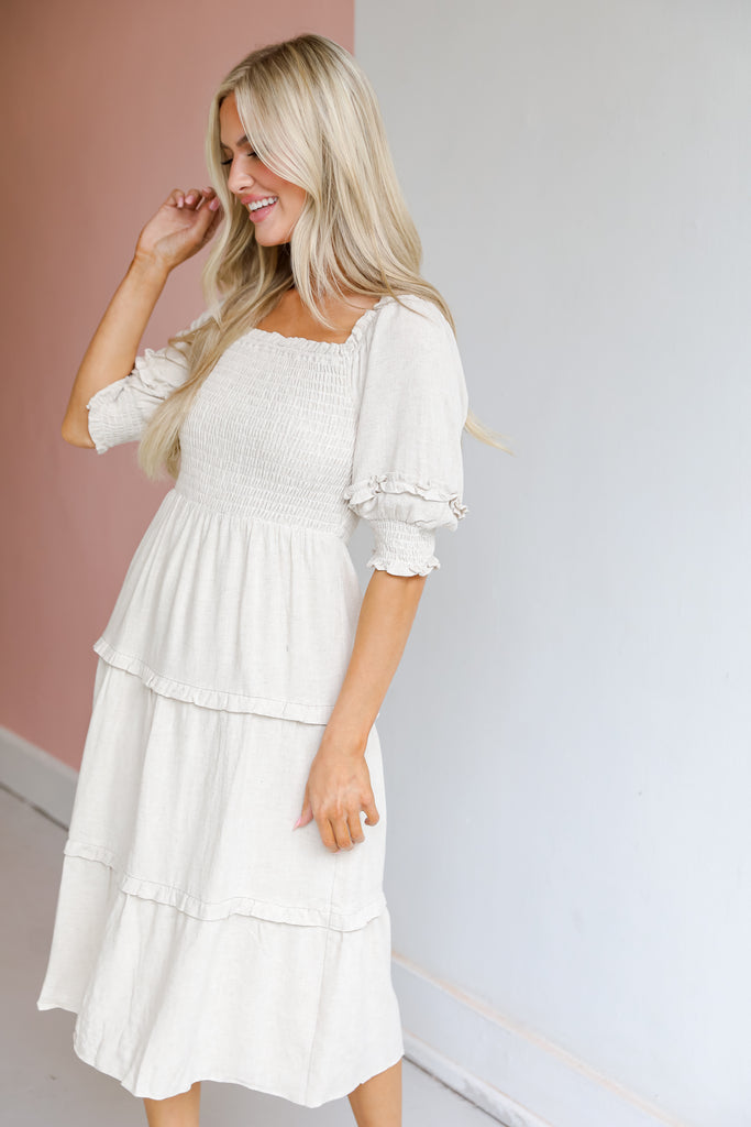 Linen Tiered Midi Dress front view