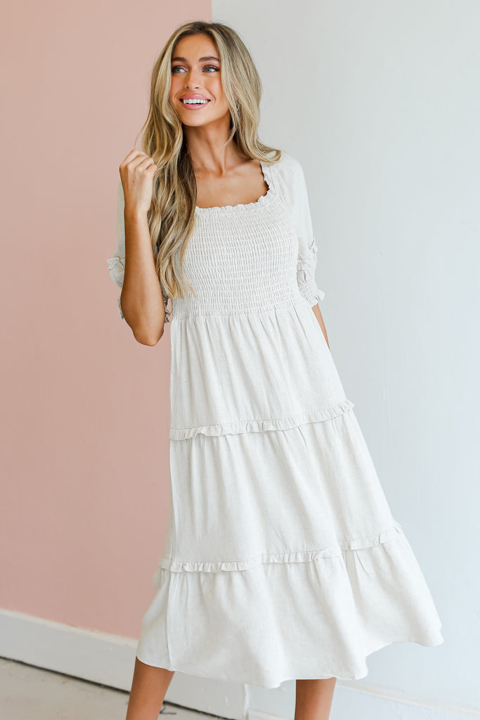 Linen Tiered Midi Dress on model