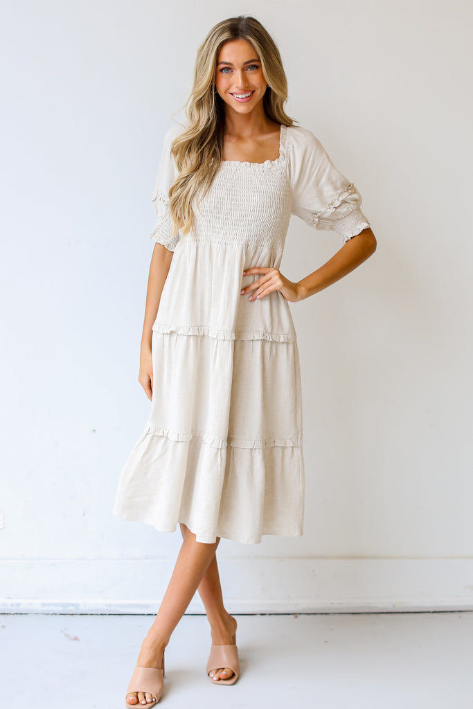 Linen Tiered Midi Dress on hudson blake model