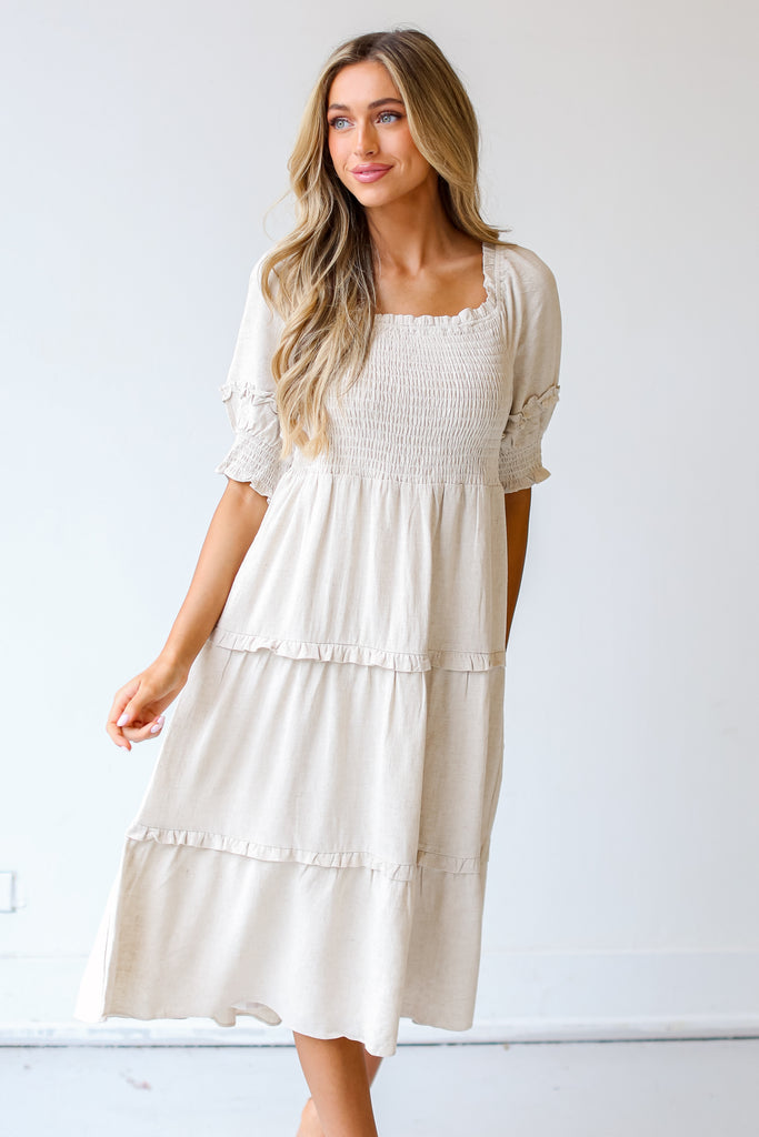 Linen Tiered Midi Dress front view