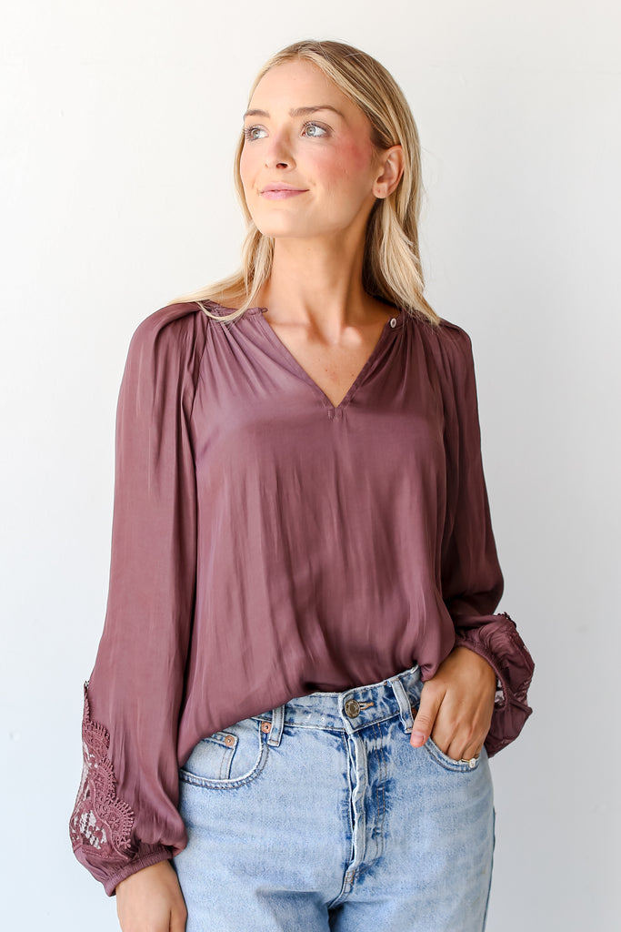 mauve Satin Lace Blouse tucked in