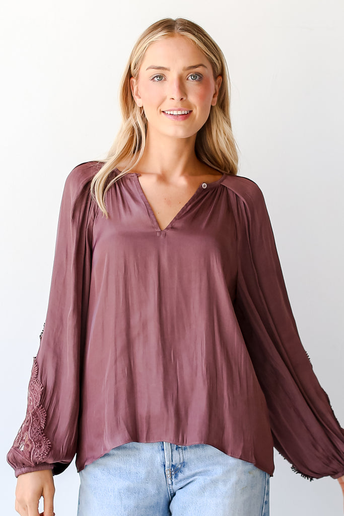 mauve Satin Lace Blouse untucked