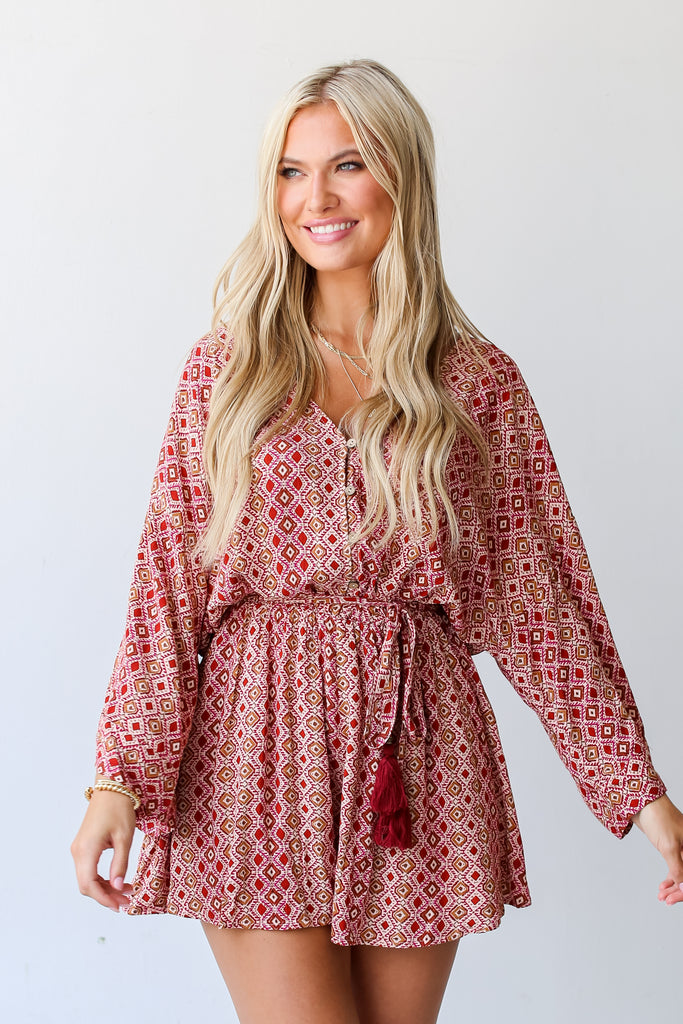 boho red printed Romper front view