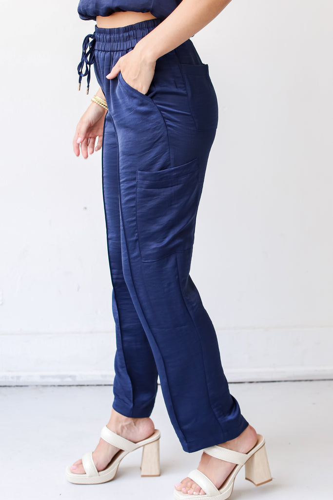 navy Satin Pants side view