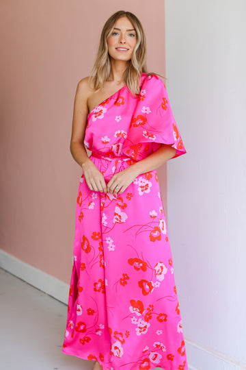 pink Floral One-Shoulder Maxi Dress