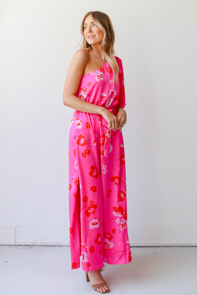 pink Floral One-Shoulder Maxi Dress front view