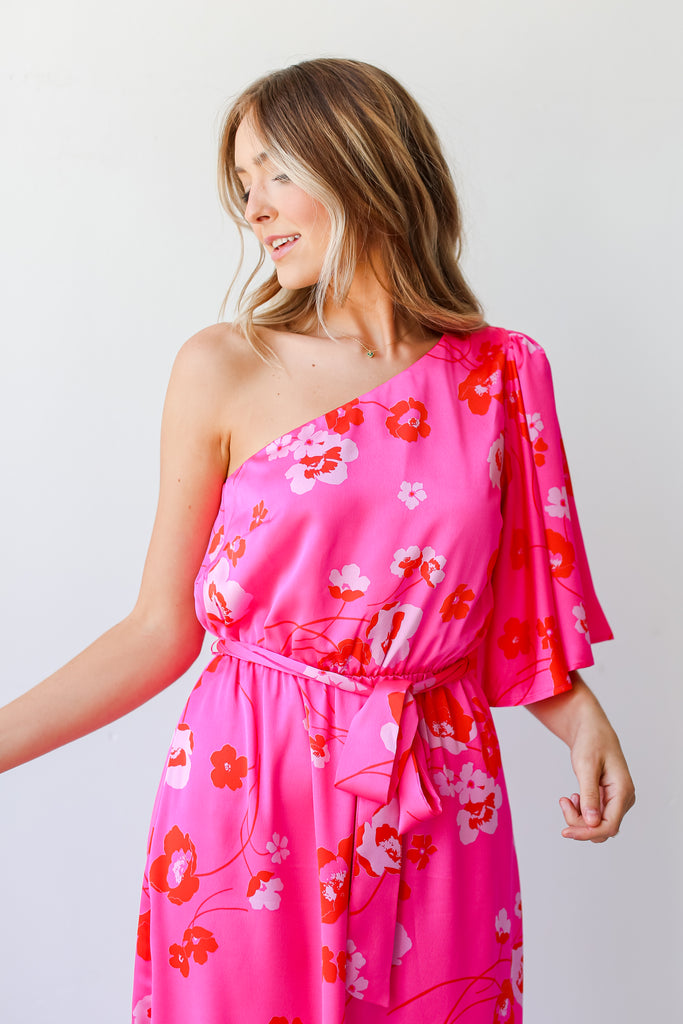 pink Floral One-Shoulder Maxi Dress close up