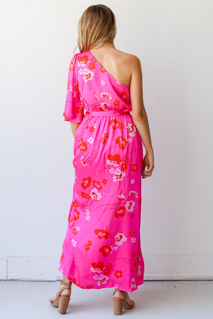 pink Floral One-Shoulder Maxi Dress back view