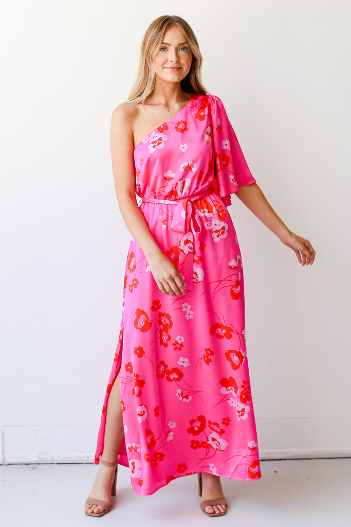 pink Floral One-Shoulder Maxi Dress on hudson blake model
