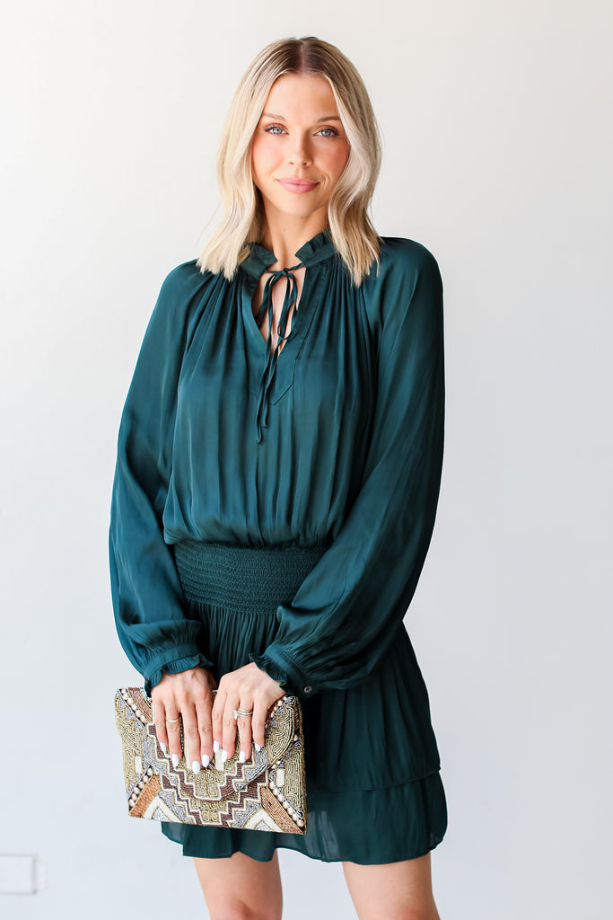 hunter green Satin Mini Dress front view