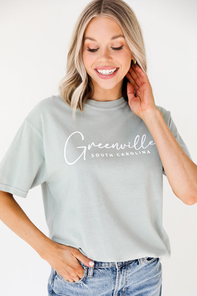 Sage Greenville South Carolina Script Tee on model