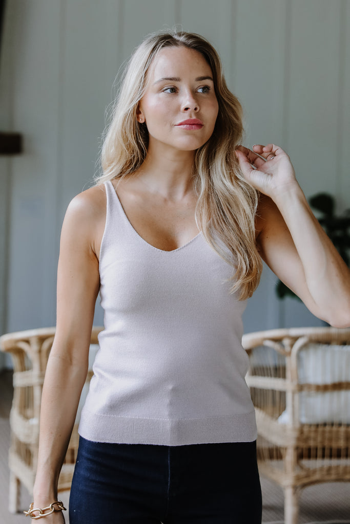 taupe knit tank on model